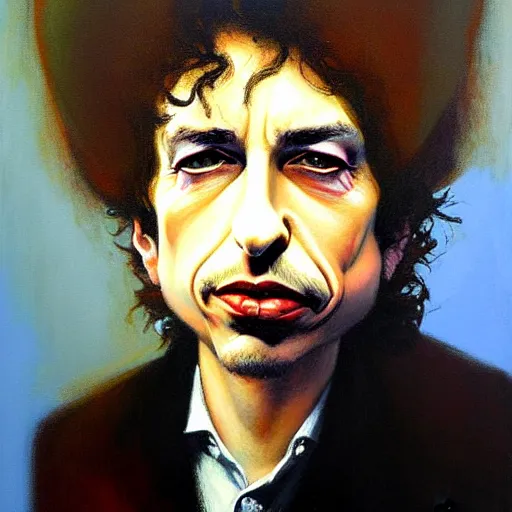 Image similar to caricature portrait of bob dylan, detailed face, detailed painting, epic lighting, by ilya repin, phil hale and kent williams