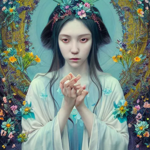 Image similar to breathtaking detailed concept art painting of the goddess of nemophila flowers, orthodox saint, with anxious, piercing eyes, ornate background, amalgamation of leaves and flowers, by Hsiao-Ron Cheng, James jean, Miho Hirano, Hayao Miyazaki, extremely moody lighting, 8K