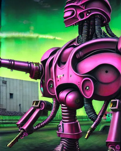 Image similar to hyperrealistic hyperdetailed graffiti! mecha iridescent pink fighting!! aliens concept art santiago caruso de chirico sharp very dramatic green light 8k low angle shallow depth of field