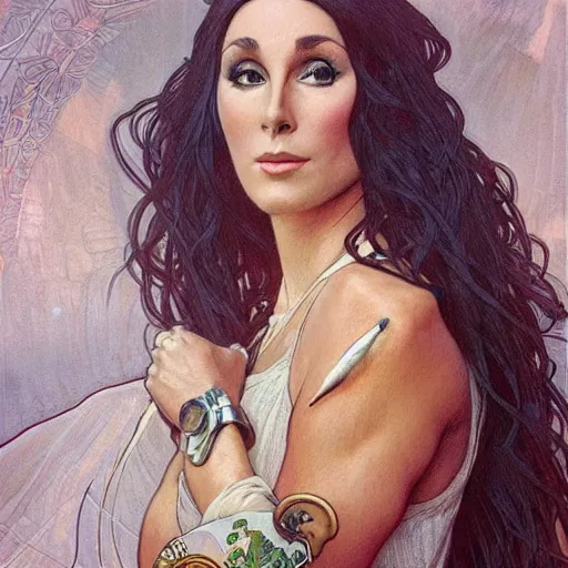 Image similar to amazing lifelike award winning pencil illustration of cher trending on art station artgerm Greg rutkowski alphonse mucha cinematic