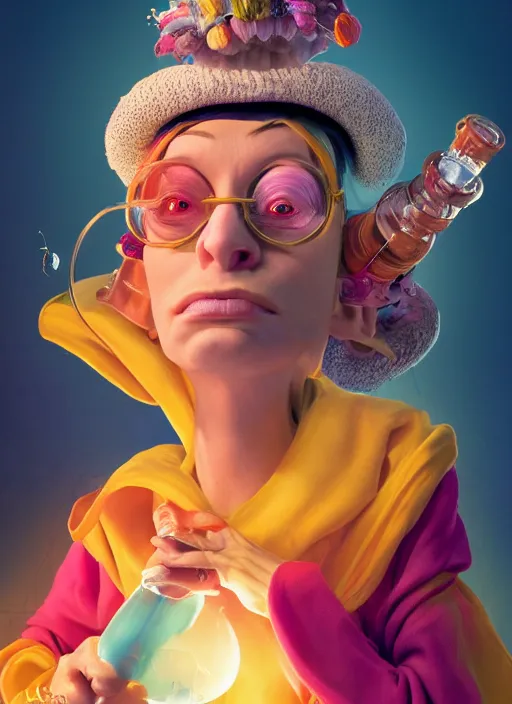 Image similar to an anthropomorphic beautiful female scientist portrait blowing a bong wearing colourful robe, fine art, wizard hat, award winning, intricate, elegant, sharp focus, octane render, hyperrealistic, wizard hat cinematic lighting, highly detailed, digital painting, 8 k concept art, art by jamie hewlett and z. w. gu, masterpiece, trending on artstation, 8 k