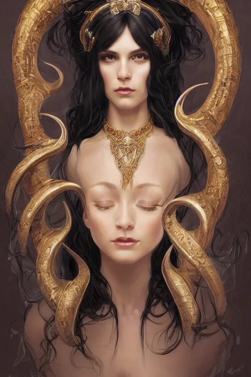 Image similar to a beautiful woman with long black hair, big natural ram horns on her head, flowing dress, gold jewellery, dnd, face, fantasy, intricate, elegant, highly detailed, digital painting, artstation, concept art, smooth, sharp focus, illustration, art by artgerm and greg rutkowski and alphonse mucha