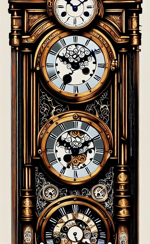 Image similar to ornate steampunk grandfather clock, high details, intricately detailed, by vincent di fate, inking, lineart, 3 color screen print, masterpiece, trending on artstation, sharp, details, hyper - detailed, hd, 4 k, 8 k