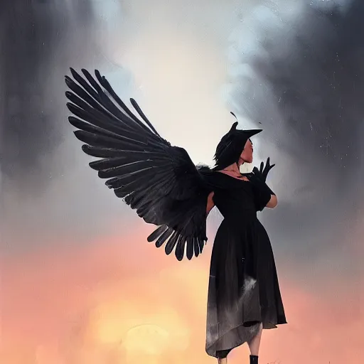 Image similar to morning, a woman in a black dress with a raven head. sun, cinematic, clouds, vogue cover style, contracting colors mood, realistic painting, intricate oil painting, high detail, figurative art, multiple exposure, poster art, 3 d, by simon bisley, ismail inceoglu, wadim kashin, filip hodas.
