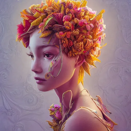 Image similar to the portrait of an absurdly beautiful, graceful, elegant young woman made of bananas and petals looking down, an ultrafine detailed illustration by kim jung gi, irakli nadar, intricate linework, bright colors, octopath traveler, final fantasy, angular, unreal engine 5 highly rendered, global illumination, radiant light, detailed and intricate environment