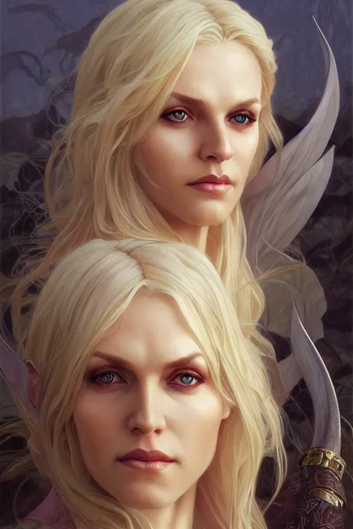 Image similar to portrait of an old blonde elven mage, dark, piercing eyes, gentle expression, elegant clothing, photorealistic, highly detailed, artstation, smooth, sharp focus, art by michael whelan, artgerm, greg rutkowski and alphonse mucha