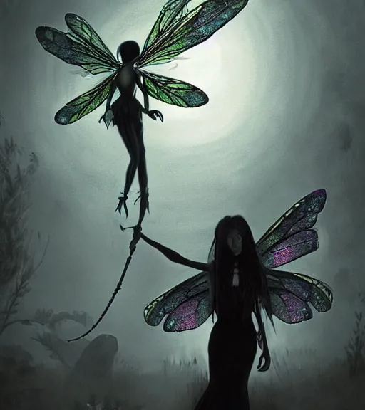 Image similar to gothic fairy with dragonfly wings, digital painting, liminal eerie midnight backlit, a picture taken by Michael Komarck