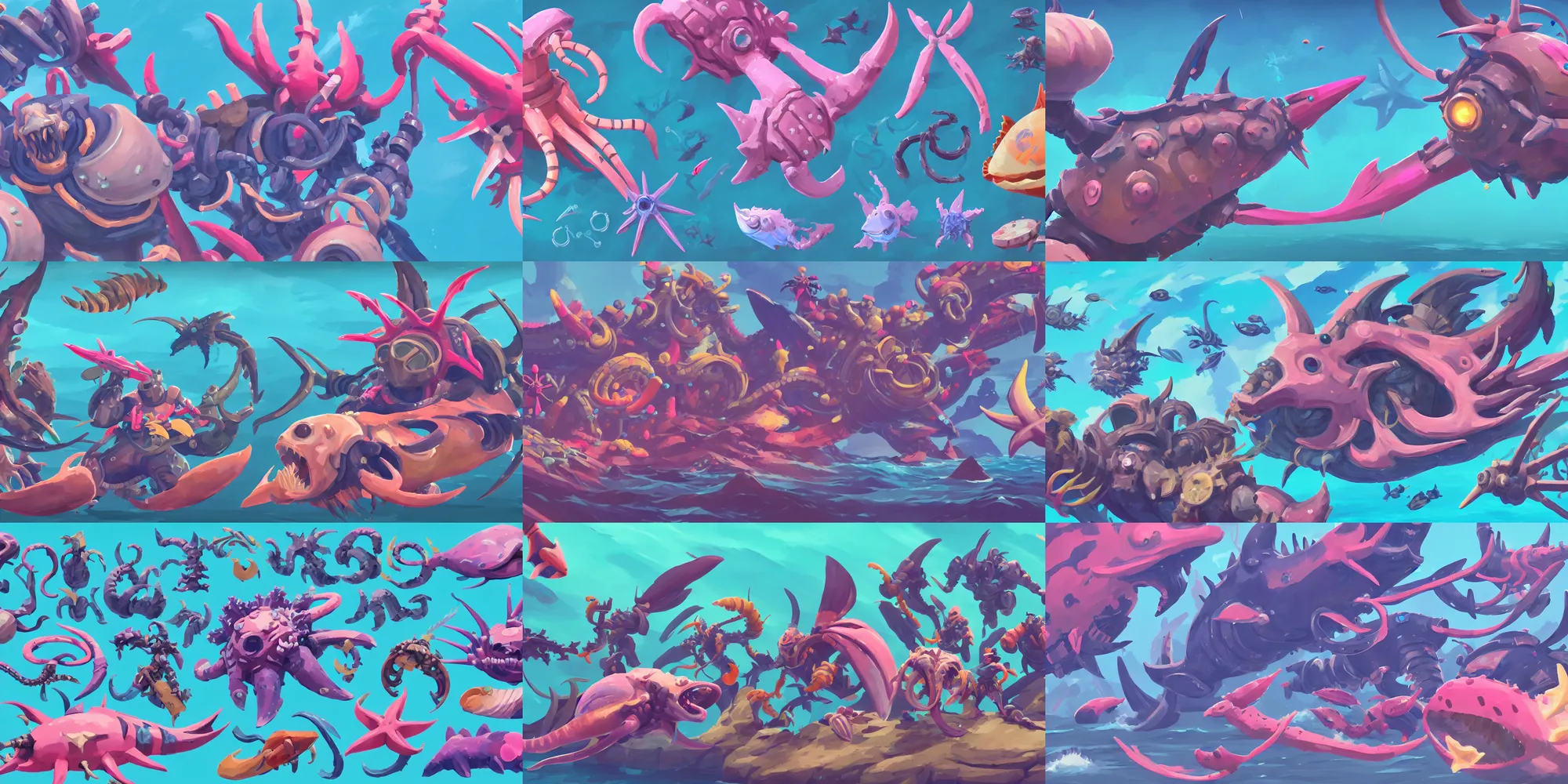 Prompt: game asset of sea creatures, in gouache detailed paintings, props, stylized, 2 d sprites, kitbash, arcane, overwatch, blue and pink color scheme, 8 k, close up