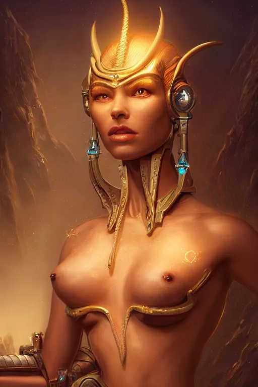 Image similar to portrait of a beautiful female hybrid cyborg atlantean anubis hada elsa jean alien warrior, regal, realistic, refined, detailed, digital art, jessica rossier, michael cheval, esao andrews, steampunk, walt disney ( 1 9 3 7 ), francois boucher, oil painting, highly detailed, cinematic lighting, unreal engine, 8 k, hd