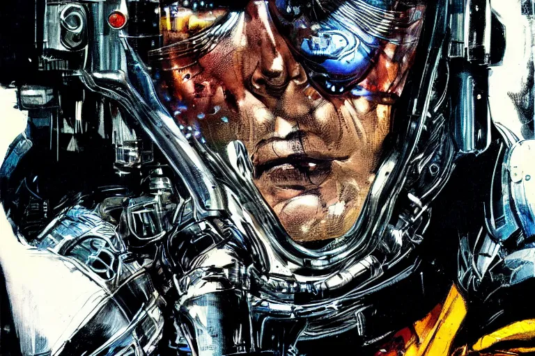 Image similar to closeup portrait stunning full - color art nouveau action shot of a bullet approaching a head, extremely detailed facial structure, dieselpunk armor, linework, by bill sienkiewicz, travis charest and michael golden, dark sci - fi, deep complexity, superhero character concept art, photorealism, stunning framing, dim volumetric lighting, hyperrealism, 8 k