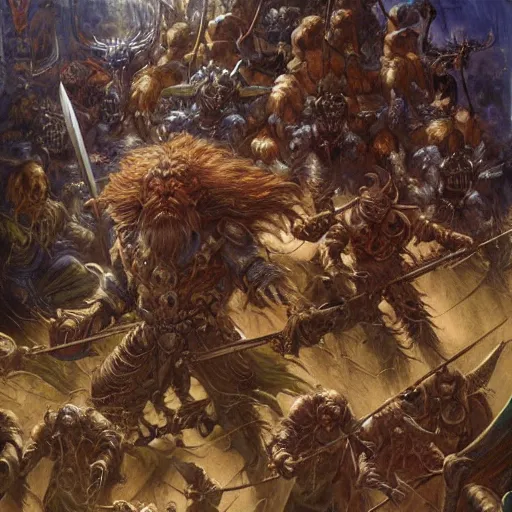 Prompt: art by donato giancola and bayard wu and gustav moreau and wayne barlowe, a fantasy cinematic shot of a dwarf berserker, fighting a horde of rats, warhammer, dnd, fighting monsters,