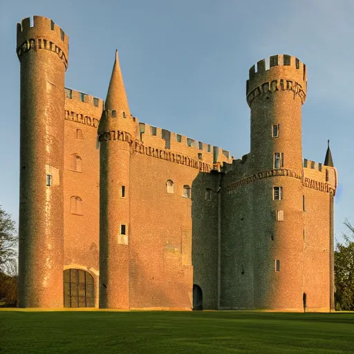 Image similar to an award winning photo by william christenberry of a majestic, highly detailed beautiful very tall castle in the middle of an empty city, light rays, rayleigh scattering