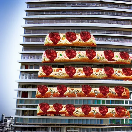 Image similar to building made out of pizza in tokyo, symmetry, hyper realistic, octance render