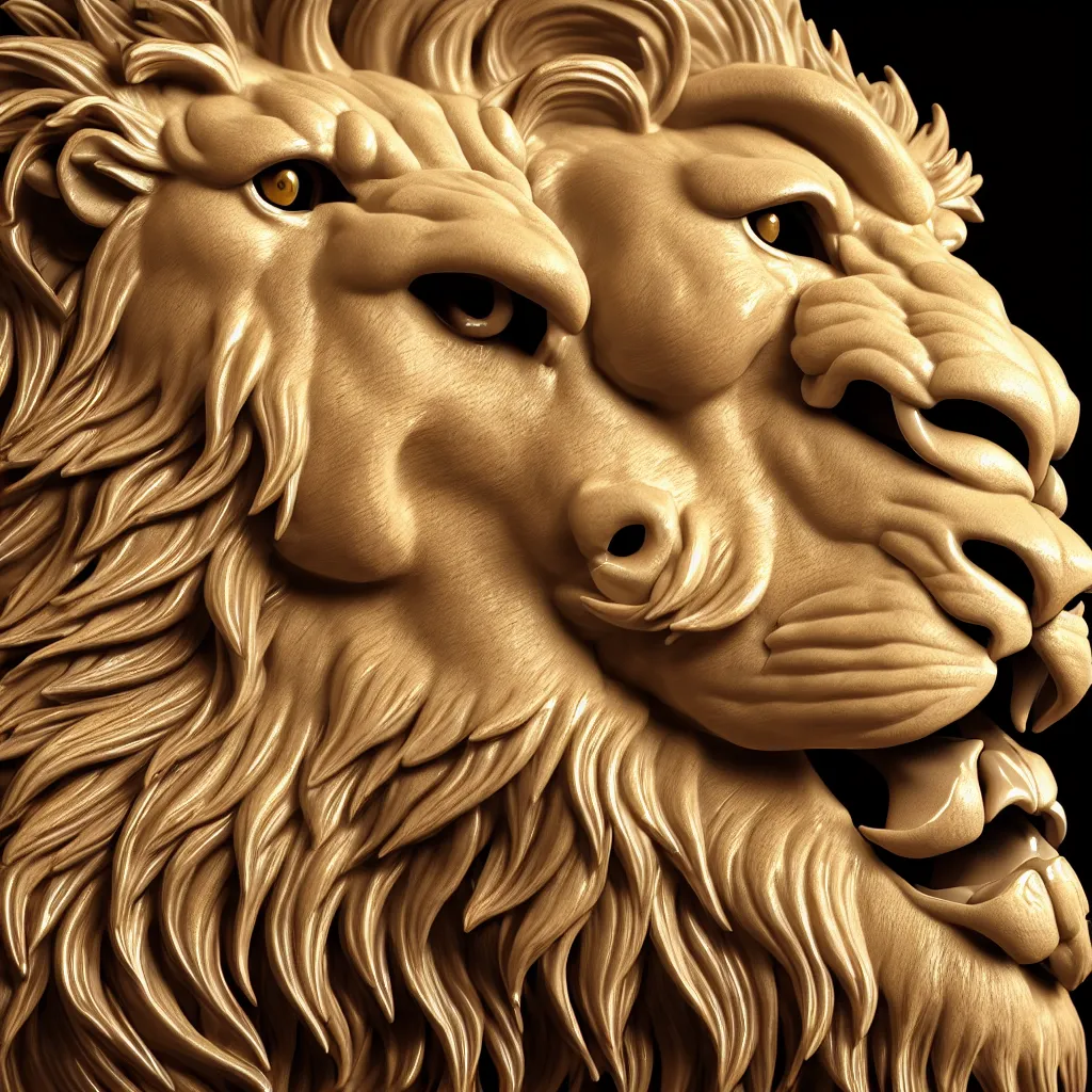 Prompt: a closeup photo - real delicate ceramic porcelain sculpture of an ornate detailed lion face in front of an intricate background by rafael, micro detail, backlit lighting, subsurface scattering, translucent, thin porcelain, octane renderer, colorful, physically based rendering, trending on cgsociety