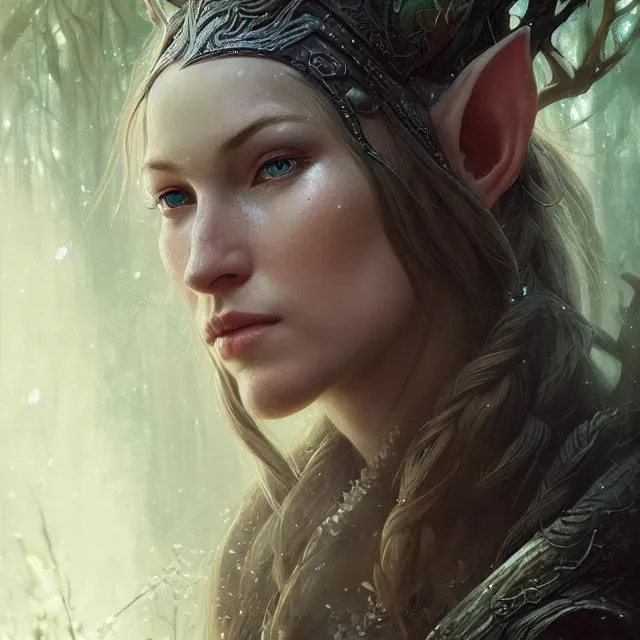 Image similar to close up portrait of a beautiful female elven warrior, magical forest background fantasy atmosphere. art by greg rutkowski. highly detailed, intricate, lifelike. sci - fi, fantasy, magical, nikon d 8 5 0.