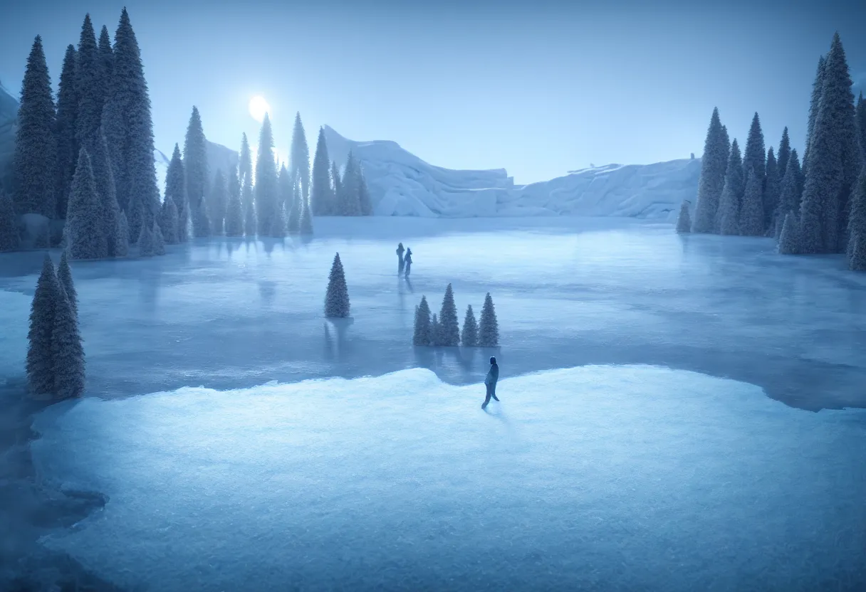 Image similar to inside of flowing frozen lake winter landscape of human mind and imagination, matte painting, beautiful render, octane render, concept art