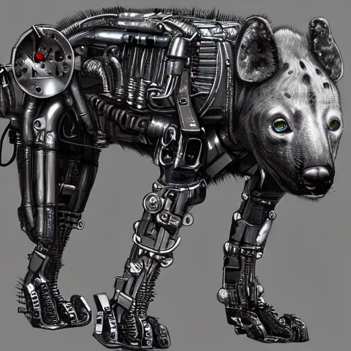 Prompt: cybernetic hyena, bladerunner style, cyborg with lots of metal and wires, realistic highly detailed concept art