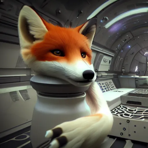 Image similar to a photography of a kitsune fox inside a spaceship, realistic unreal engine 5
