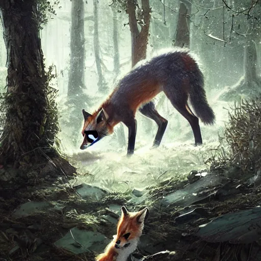 Image similar to Fox ornate playing in the woodlands by Greg rutkowski, detailed,highly detailed, 8k,digital art