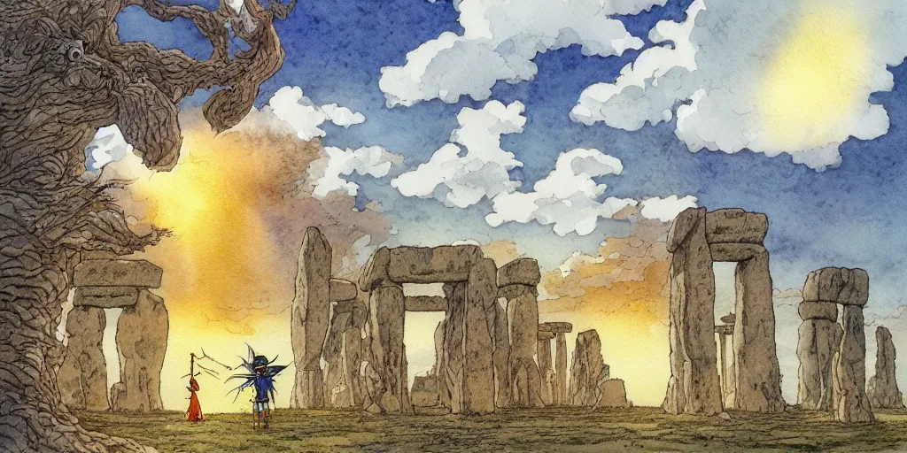 Image similar to a hyperrealist studio ghibli watercolor fantasy concept art of a giant chinese god and a small grey alien in stonehenge in the early morning. a giant gold ufo is floating in the air. by rebecca guay, michael kaluta, charles vess