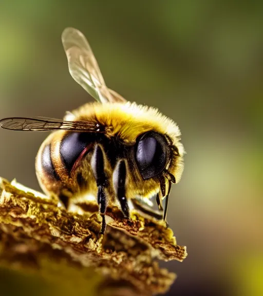 Image similar to super macro photo of a bee made of gold on a flower in a forest. dof. bokeh. magical atmosphere. art by greg rutkowski. lifelike. very detailed 8 k. intricate. soft light. nikon d 8 5 0.