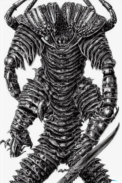 Image similar to human warrior, crab themed armour, crab claws symmetrical, highly detailed, digital art, needles, sharp focus, trending on art station, kentaro miura manga art style