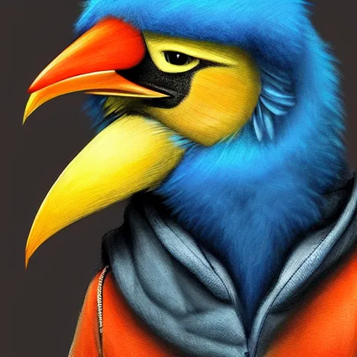 Image similar to portrait digital art. humanoid furry! anthro, anthro, anthro, avian, avian, avian!!! fursona, bird, bird, bird!!! digital art! trending on artstation! subject wearing hoodie and jeans!! subject is female!! female!!! big beak, big beak, big beak!!! blue feathers!! birdfolk!! owlkin!! Character design by charlie bowater, ross tran, artgerm, and makoto shinkai!!! detailed!!!