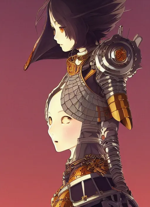 Image similar to yoh yoshinari, ilya kuvshinov editorial anime illustration female knight in ornate armor, last exile, murata range, fine detail,, dramatic lighting, dynamic composition, cel shading, vivid, rich texture, alphonse mucha, ( ( ( colorful ) ) ), gustav klimt, cinematic