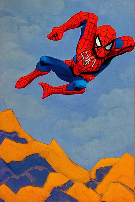 Image similar to spiderman stay on mountain, marvel, artwork by nicholas roerich,