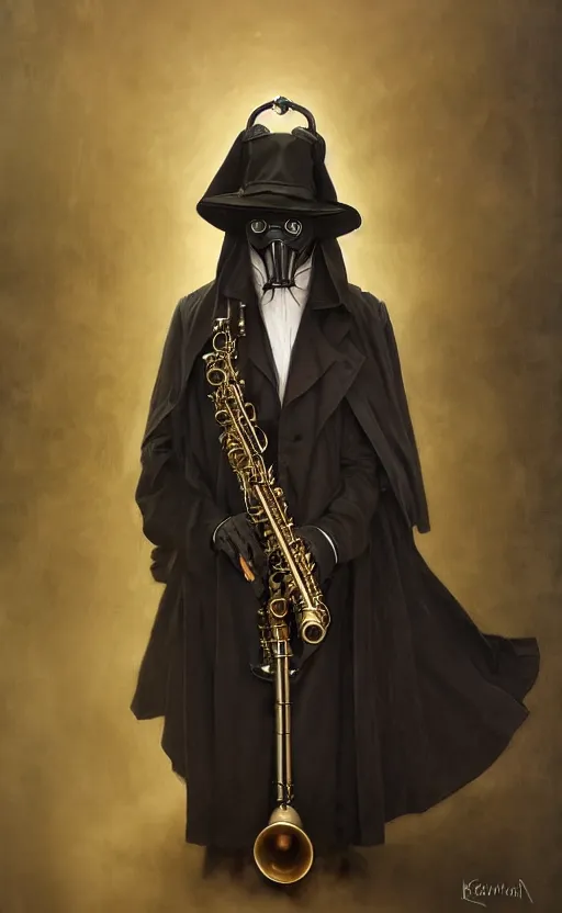 Image similar to portrait of man in black trench coat, holding an alto saxophone and wearing steam punk plague doctor mask and a black top hat, highly detailed, artstation, concept art, by krenz cushart and donato giancola and william adolph bouguereau and alphonse mucha,