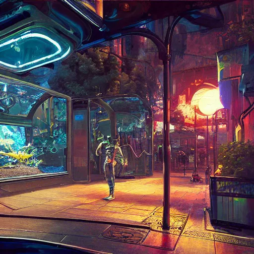 Prompt: painting of syd mead artlilery scifi fish tank with ornate metal work lands on a sidewalk, volumetric lights, simon stalenhag, andreas achenbach