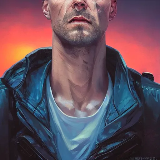 Image similar to cyberpunk, armitage, closeup portrait of a stoic ex soldier with a battlescar and light blue eyes, brown buzzcut, cyborg, dramatic light, city background, sunset, dystopian setting, high contrast, sharp, neuromancer, painted by stanley lau, painted by greg rutkowski, painted by stanley artgerm, digital art, trending on artstation