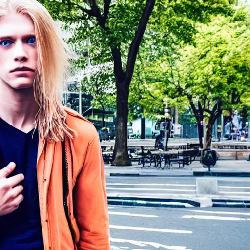 Prompt: a beautiful young man, blond, long hair, blue eyes, fair skin, in the middle of the city