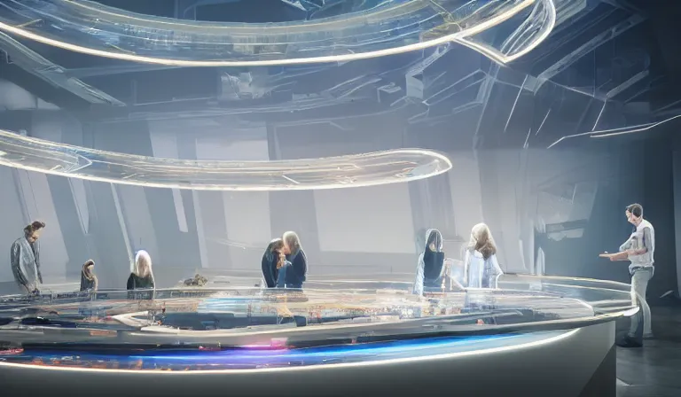 Prompt: group of people in simple white museum, looking at hologram of futuristic city on a table, cinematic concept art, godrays, golden hour, natural sunlight, 4 k, clear details, tabletop model buildings, center model buildings, hologram center, crane shot, crane shot, crane shot