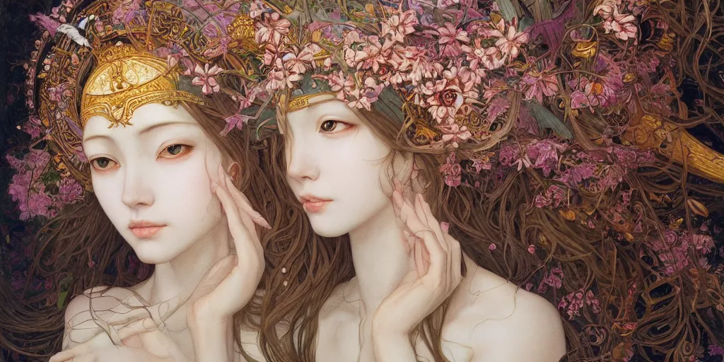 Prompt: breathtaking detailed concept art painting of the goddess, orthodox saint, with anxious, piercing eyes, ornate background, amalgamation of leaves and flowers, by hsiao - ron cheng and john james audubon and miho hirano, extremely moody lighting, 8 k