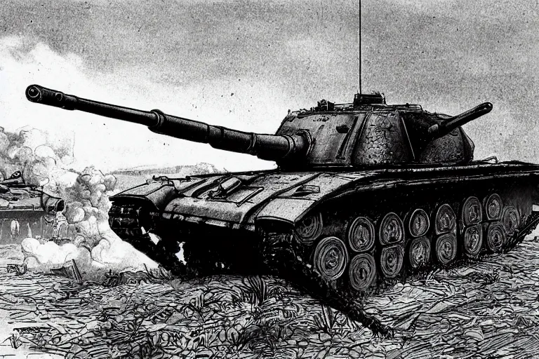 Prompt: vickers cruiser tank mk 1, cannon firing, artist's impression, black and white pen drawing, fine details, wartime art