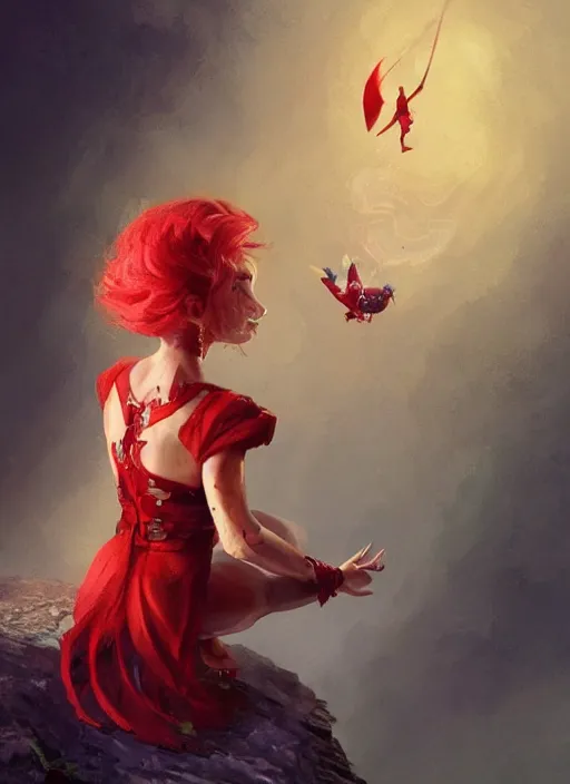 Image similar to Image of tiny pixie sitting on top of a human hand, D&D fantasy, wearing a red dress, intricate, highly detailed, digital painting, artstation, concept art, sharp focus, illustration, art by greg rutkowski and Ross Tran