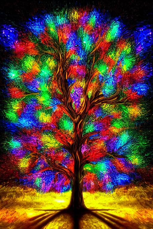 Image similar to a painting of a tree with colorful lights, digital art by art green, shutterstock contest winner, psychedelic art, fractalism, mystical, tesseract