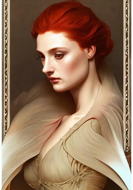 Image similar to sansa gessica chastain, intricate, elegant, highly detailed, digital painting, artstation, concept art, smooth, sharp focus, illustration, art by artgerm and greg rutkowski and alphonse mucha and william - adolphe bouguereau