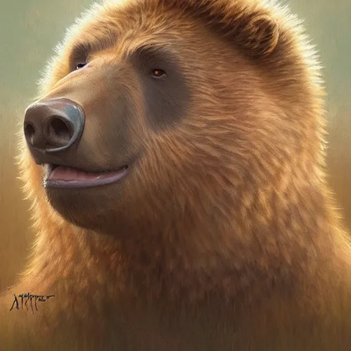 Prompt: a beautiful scenic painting of a beautiful young woman that looks like a grizzly bear by artgerm and wlop and wes anderson and spike jonze