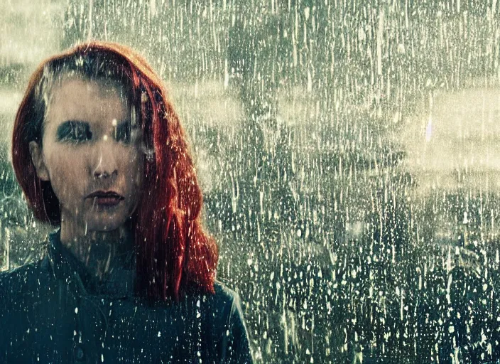 Image similar to A very high resolution image from a new movie, landscape from a car window , teen red hair woman, raining, hot, directed by wes anderson