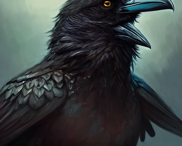 Image similar to highly detailed black raven bird, deep focus, d & d, fantasy, intricate, elegant, highly detailed, digital painting, artstation, concept art, matte, sharp focus, illustration, hearthstone, art by artgerm and greg rutkowski and alphonse mucha