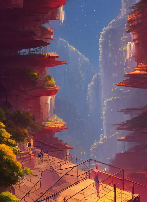 Image similar to city built on terraces in a gigantic canyon, lots of buildings connected by hanging bridges, waterfalls, glow coming from amber veins in the ground, lush vegetation, pitchblack sky, extremly detailed digital painting, in the style makoto shinkai and atey ghailan, rim light, beautiful lighting, 8 k, stunning scene, raytracing, octane, trending on artstation