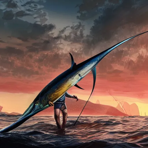 Prompt: lord sauron on his new paddle fishing a giant swordfish, digital art, trending on art station, high quality, uhd 8 k, beautiful, golden hour, intricate detail, high gradient, raytracing