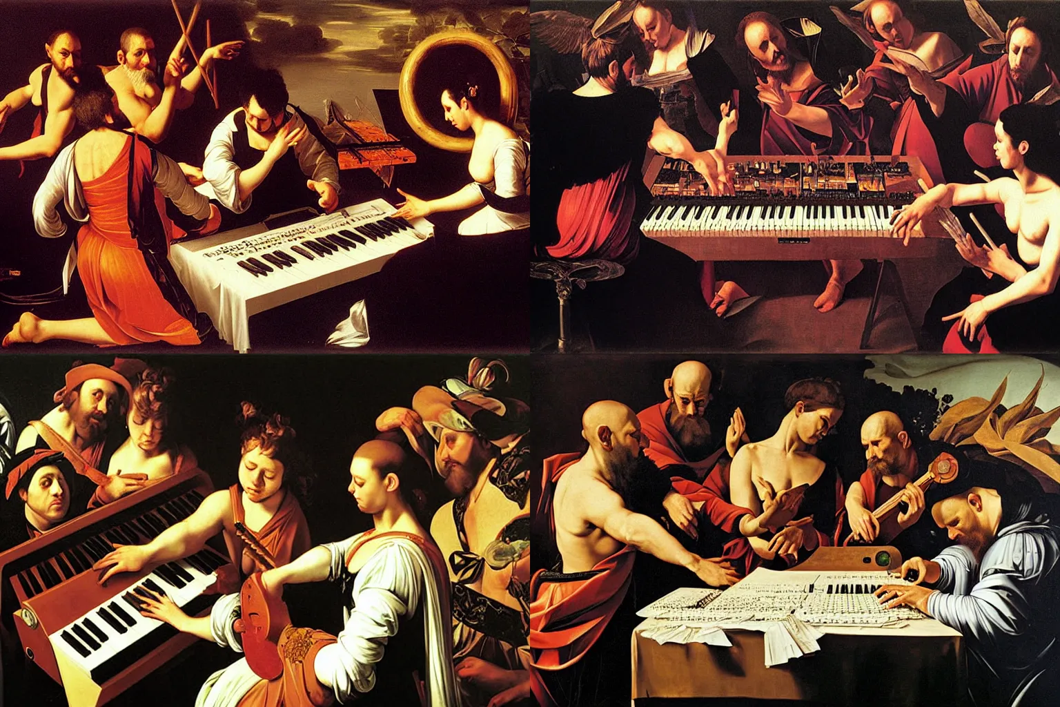 Prompt: baroque analog keyboard synthesizer party, oil painting by caravaggio