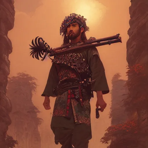 Image similar to Highly detailed portrait of Kurdish samurai, Stephen Bliss, unreal engine, fantasy art by Greg Rutkowski, Loish, Rhads, ferdinand knab, Makoto Shinkai and Lois van baarle, ilya kuvshinov, rossdraws, Tom Bagshaw, alphonse mucha, global illumination, radiant light, detailed and intricate environment, highly detailed, award winning art