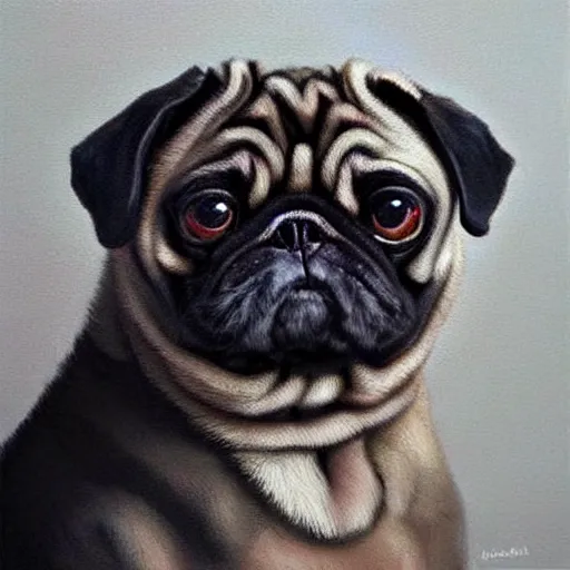 Image similar to oil painting, a emo pug, intricate, masterpiece, artstation, stunning