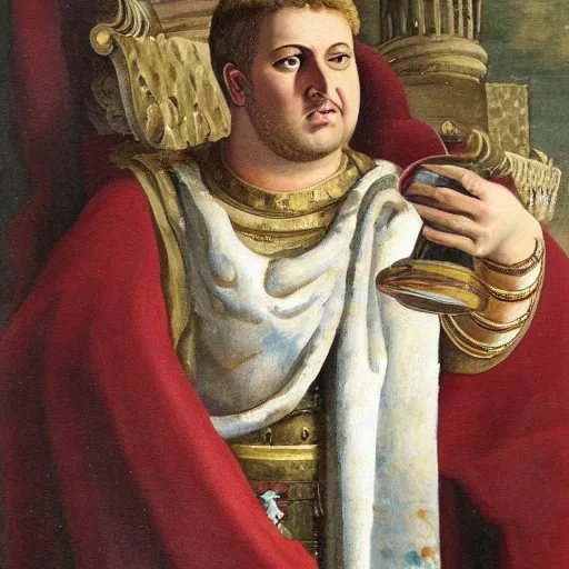 Prompt: Roman emperor Nero drinking iced tea, oil painting