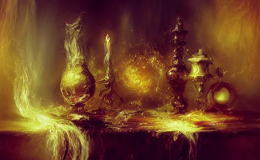 Prompt: alchemy still life amazing composition. by artstation trending, by joseph mallord william turner, luis royo, konstantin razumov, cinematic lighting, fractal flame, highly detailed