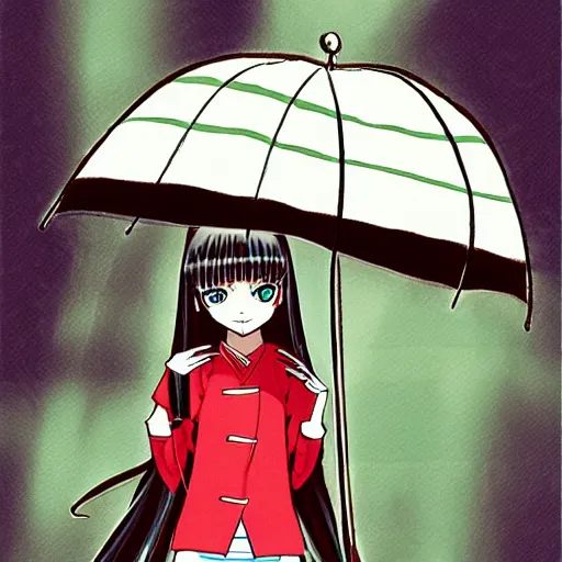 Prompt: rain, stripes, anime 1 9 8 0, umbrella, girl